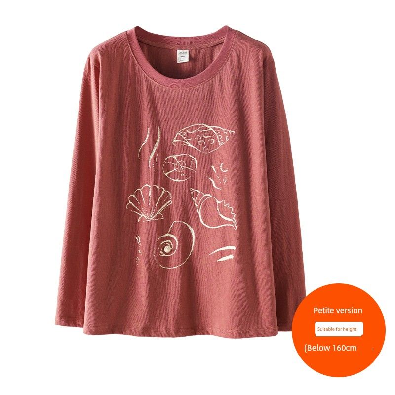 

Plus size women clothing [Korean Series Conch T-shirt] Three Clothes Length Early Autumn New Snowflake Cotton Print Long sleeve Bottoming Shirt Crimson (below 160cm) 3XL