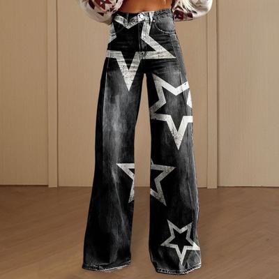 Kadın Retro Yüksek Bel Düğme Fermuar Uçan Cepler Pantolon Dijital Çiçek Baskılı Günlük Pantolon Eskitilmiş Düz