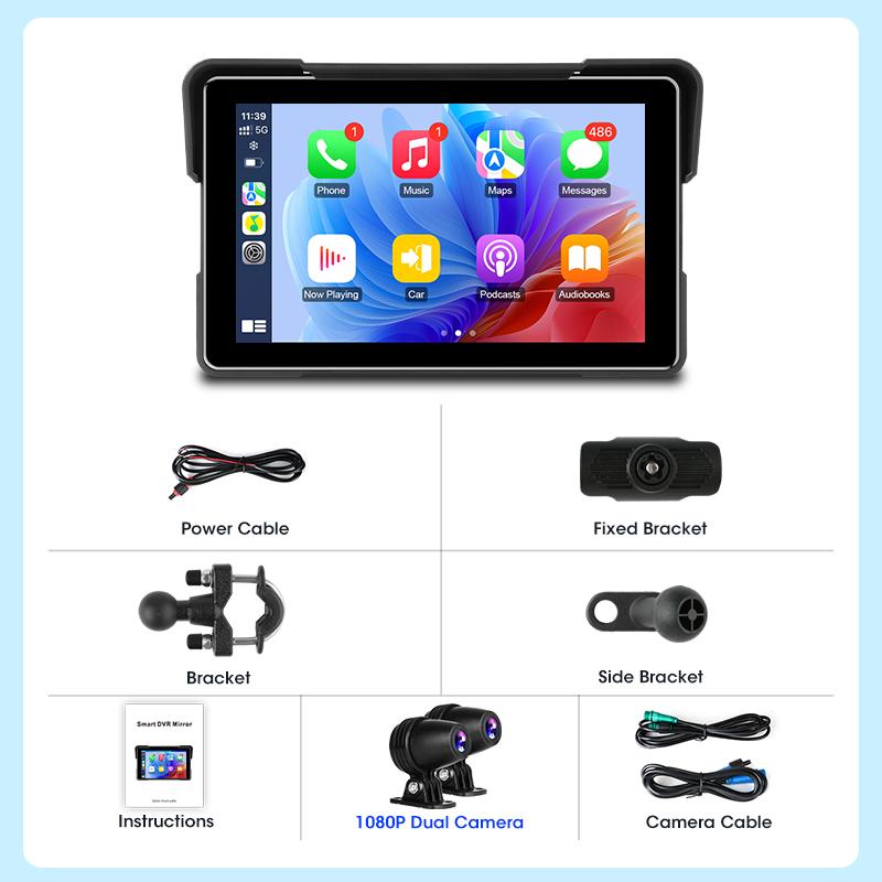 Écran de moto CarPlay sans fil 5/7 pouces, Android Auto, tableau de bord numérique Portable pour moto, DVR, Navigation GPS, étanche IPX7