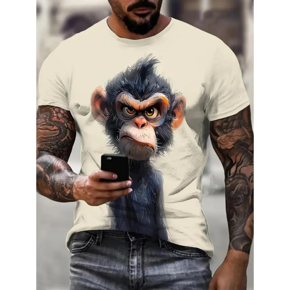 Summer Men Monkey Pattern T-Shirt Hip Pop Short Sleeve Fashion Comfortable Soft Large Size Round Neck T-Shirt