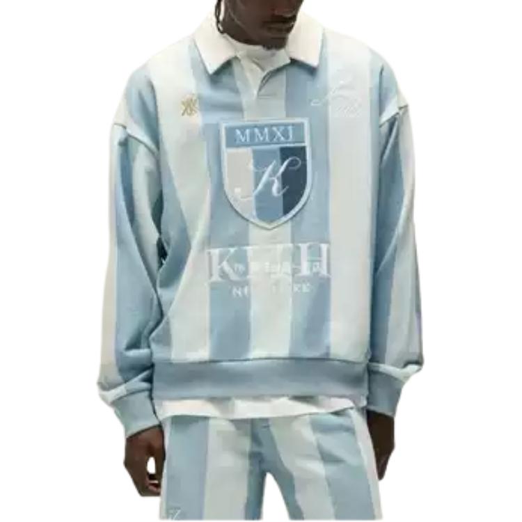 Kith Striped Logo Long Sleeve Polo Shirt Men tops Gray Blue KHM032995-469