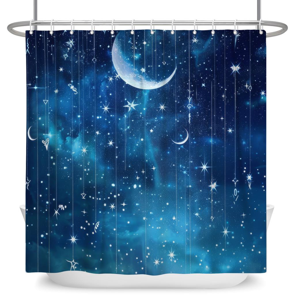 Dreamy Starry Sky Theme Modern Bathroom Curtain Aurora Planet Galaxy Moon Waterproof Polyester Shower Curtain Decor With 12 Hook