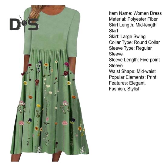 Rochie Midi de Vară Fluidă pentru Femei Rochie Boho Florală Plisată cu Buzunare Casual Mânecă Scurtă Gât Rotund Rochie Swing