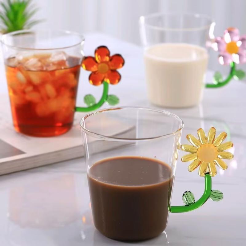 Transparent Heat-resistant Glass Cups Flower Handle Cup Milk Water Glass for Breakfast Coffee Mug Home Decor Drinking Glasses