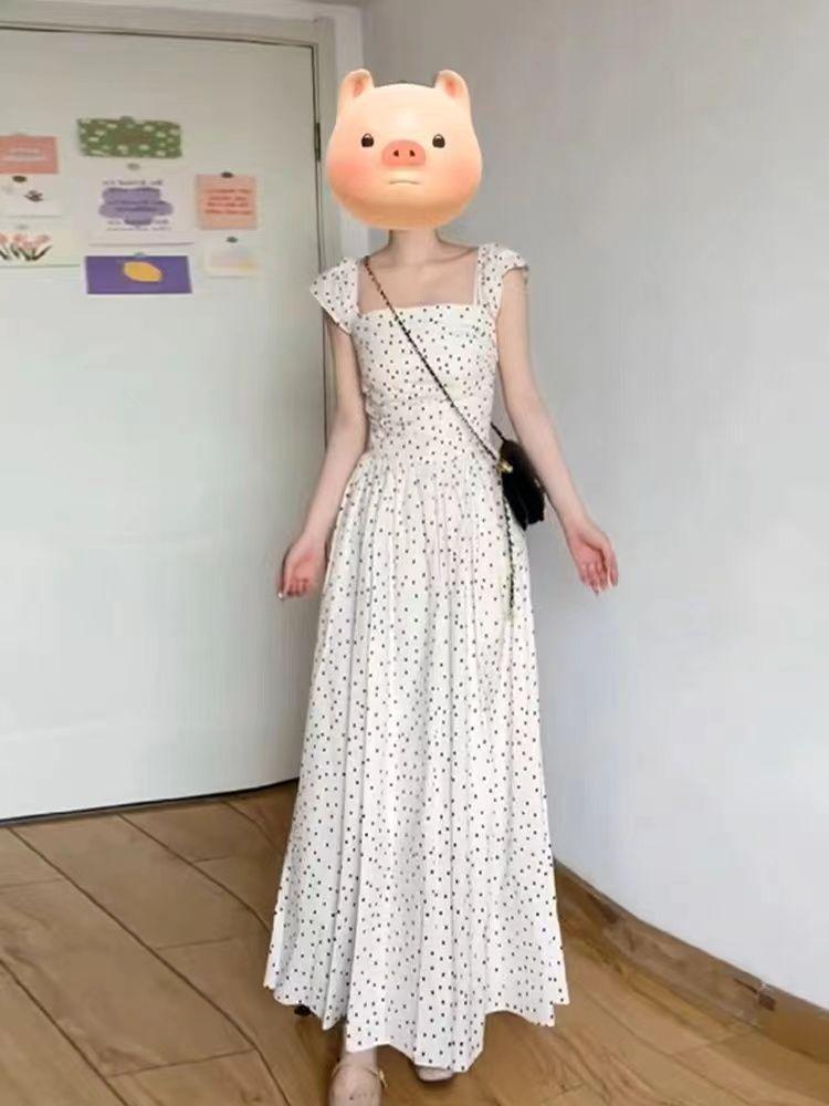 

Летнее длинное платье с квадратным вырезом и рукавами-буфами в французский горошек для женщин M белый