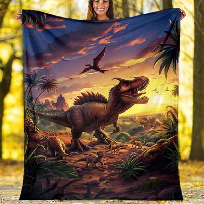 Dinosaur World Prehistoric Scene Fleece Printed Flannel Blanket, Warm Soft Throw Sofa Bed Blanket