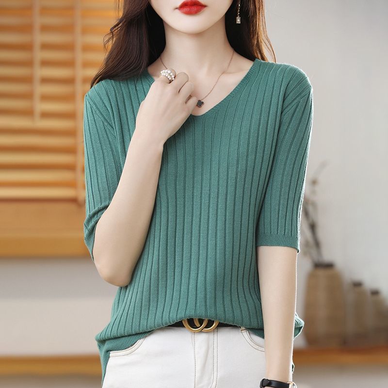 Frühling Sommer Damen V-Ausschnitt Kurzarm Exquisiter Kaschmir Strickpullover Pullover Einfarbig