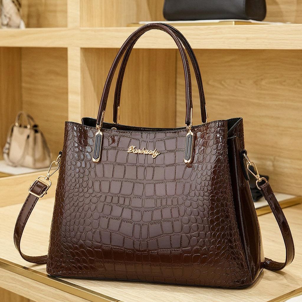 Women’s Trendy Crocodile Pattern Top Handle Bag, Simple Elegant Commute Shoulder Crossbody Purse