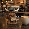 Resin Ornaments Highland Cow Desk Statue, Funny Middle Finger Figurine with Coffee Cup & Sassy Sign, Detailed Carvings Cute Farmhouse Desktop