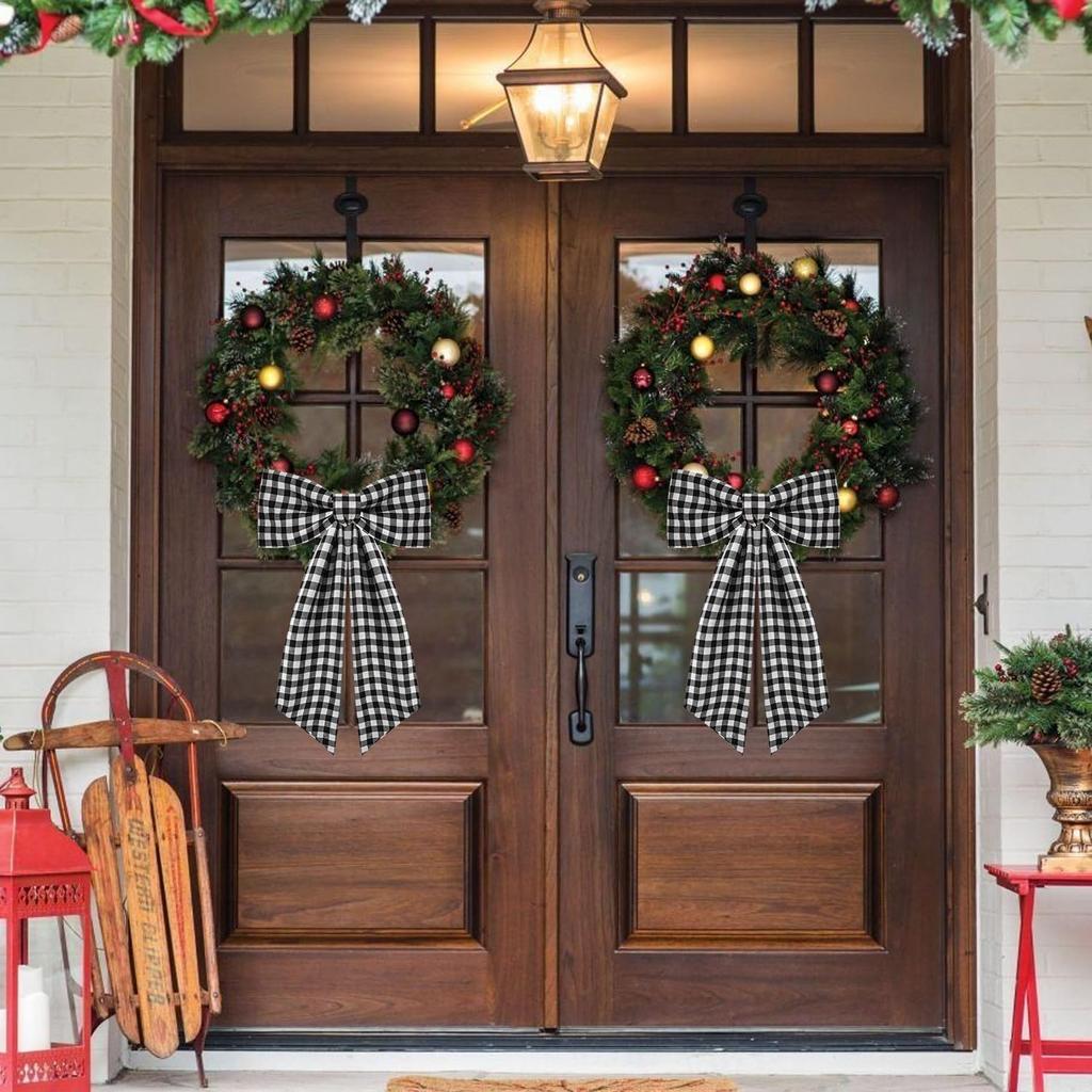 2 Pack Wreath Sash for Front Door Boxwood Wreath Sash Garland Front Door Porch Decor(White and Black Plaid)