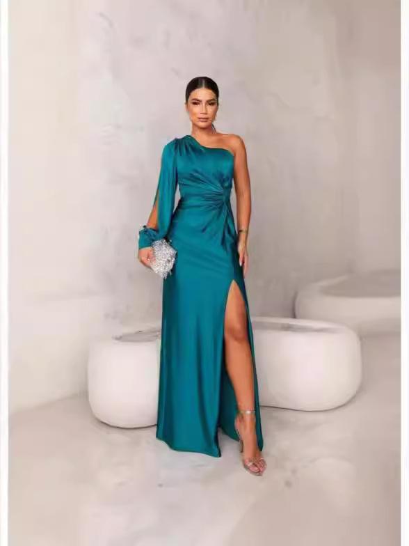 2026 Summer New European and American Women's Clothing Diagonal Collar Shoulder Sleeve Pleated Waist Split Sexy Dress