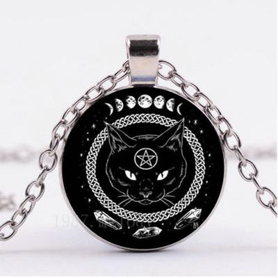 Carton Women Men Black Cat Pentagram Round Glass Pendant Necklaces Long Metal Chain Necklace Jewelry