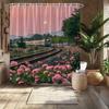 Train and Rose Garden Shower Curtain, Scenic Train with Pink Roses At Dusk, Fade-Resistant Polyester, 12 Hooks, Machine Washable