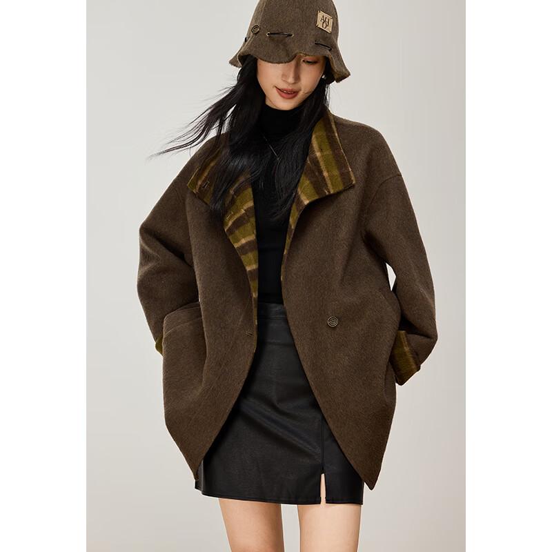 VICTORIA&VERA Women's Retro Plaid Alpaca Blend Double-faced Wool Coat