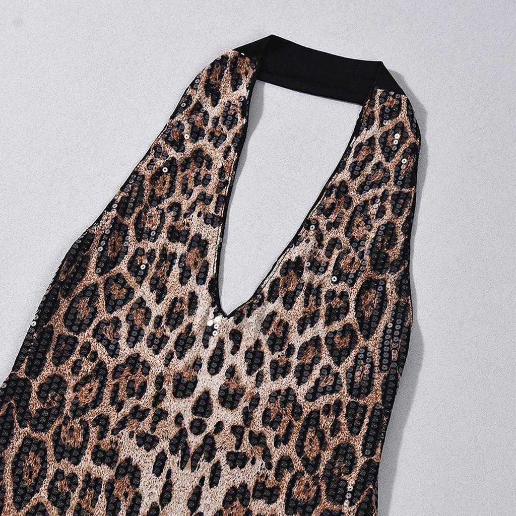 European & American Leopard Print Sexy Slim-Fit Deep V Backless Dress for Women