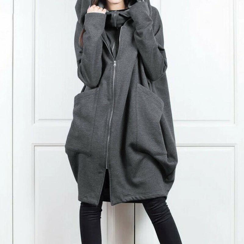 Hooded Pocket Hoodie Zipper Mid Length Fake Two Piece Loose Jacket for Women