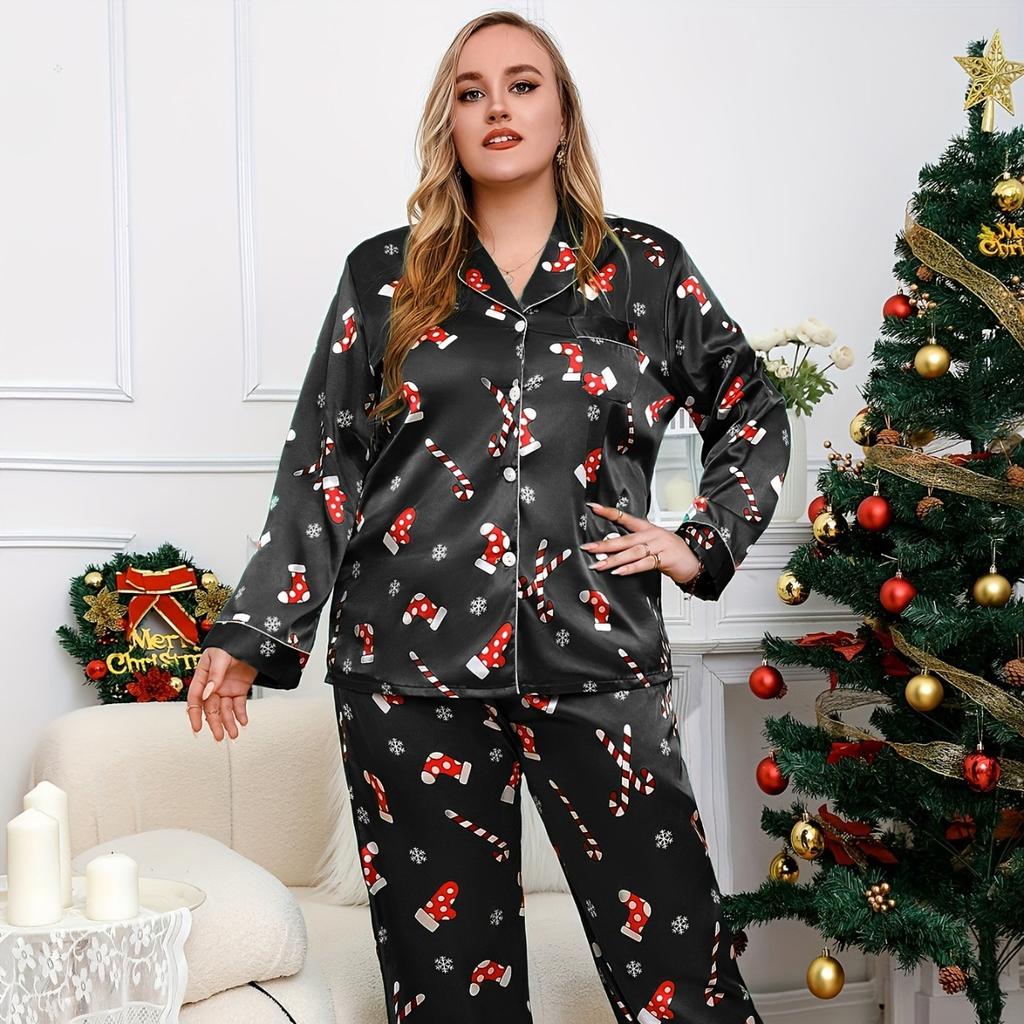 Plus Size 5XL 4XL Women's Christmas Pajama Set Two-Piece Sleepwear Loungewear Long Sleeve Top and Pants Pajama Set for Women Pijama Homewear