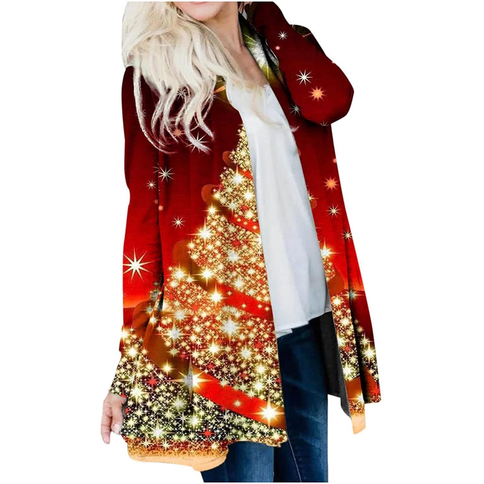 

Женская модная повседневная куртка-кардиган с рождественским принтом средней длины, пальто S красный
