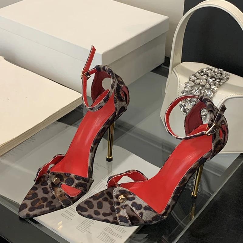 Metal Decoration Lace-Up Pointed Toe Thin High Heel Women Sandals Fashion Dress Shallow Mouth Narrow Band Stripper Pumps Size 41