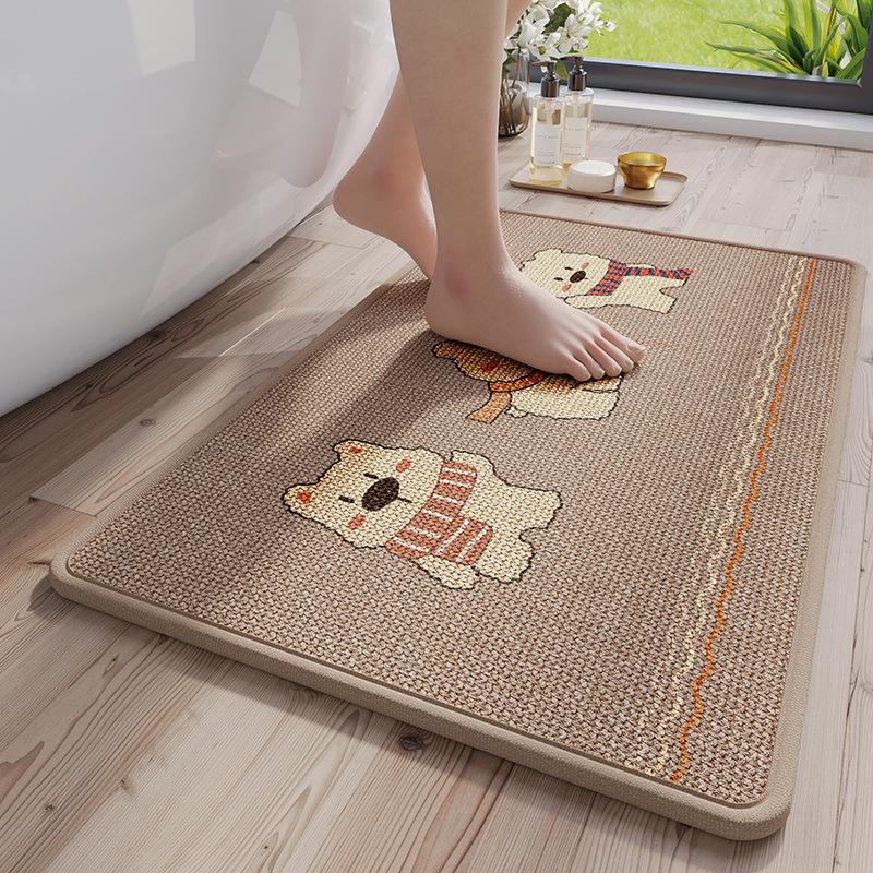 Cartoon Print Linen Bath Mat - Non-Slip Bathroom Rug with Woven Texture, Quick Dry & Machine Washable, Rubber Backing Design