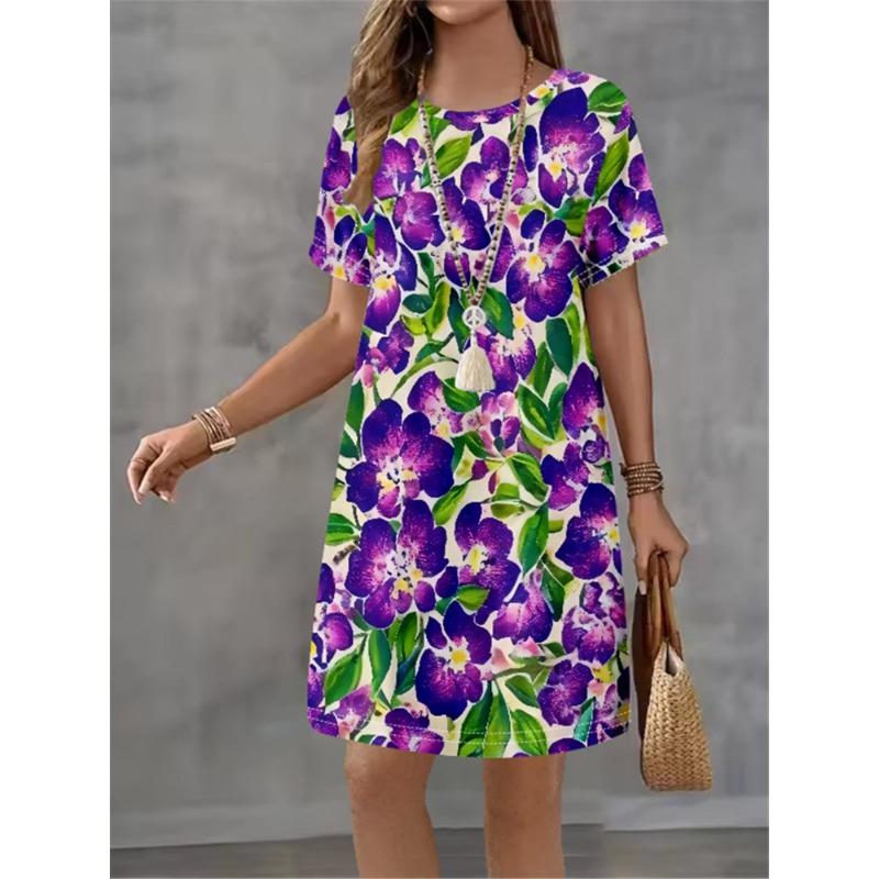 Tropical Leaf Print Short Sleeve Dress, Boho Floral Tunic Dress, Casual Summer Beach Wear