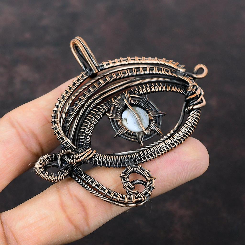 Evil Eye Blue Lace Agate Pendant Copper Wire Wrapped Jewelry Handmade Gemstone Pendant Evil Eye Jewelry Wire Pendant Copper Pendant For Gift