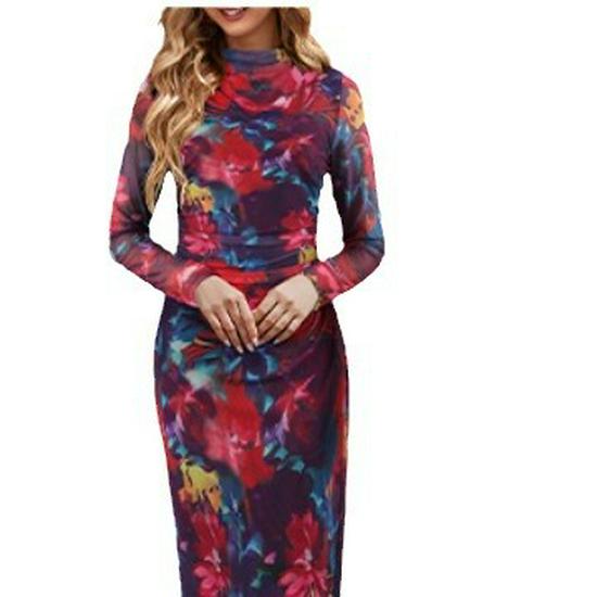 Women's Long-Sleeve Tie-Dye Pleated Cocktail Dress with Stand-Up Collar
