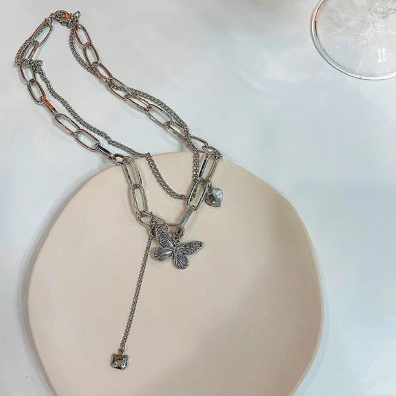 Double Stacked Love Butterfly Chain Necklace Ins Hip Hop Cold Wind Personality Collarbone Chain