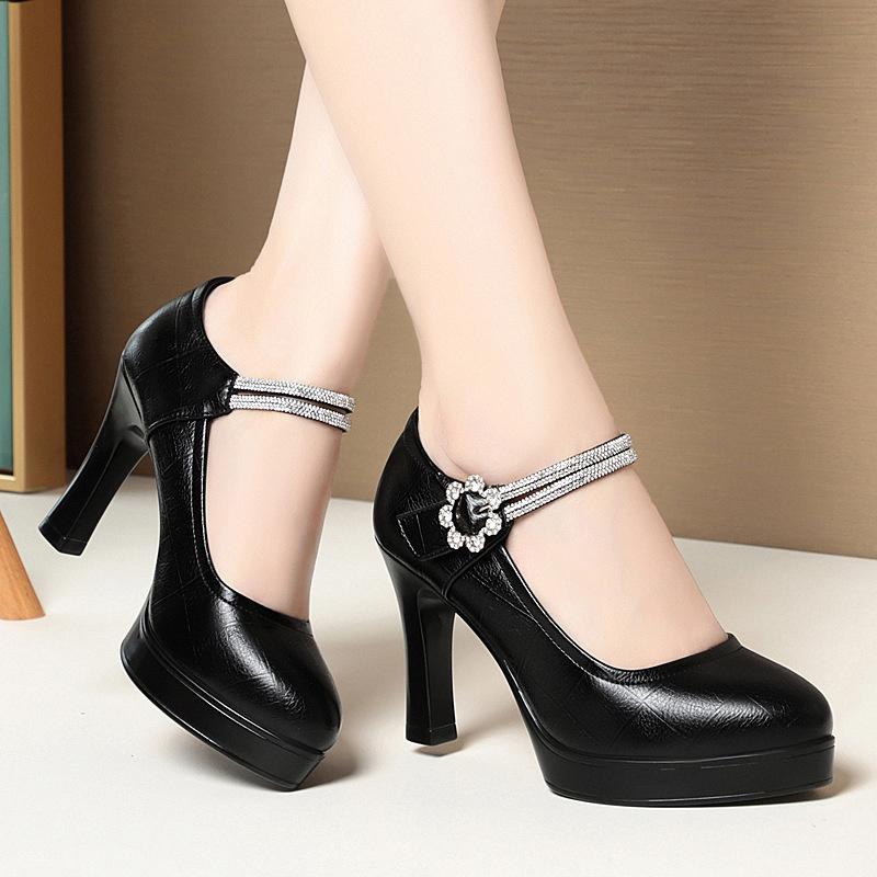 Fashion Comfortable Shallow Soft Leather Ankle Band Mary Jane 2025 Spring Block Middle Heels Shoes Platform for Office Mom