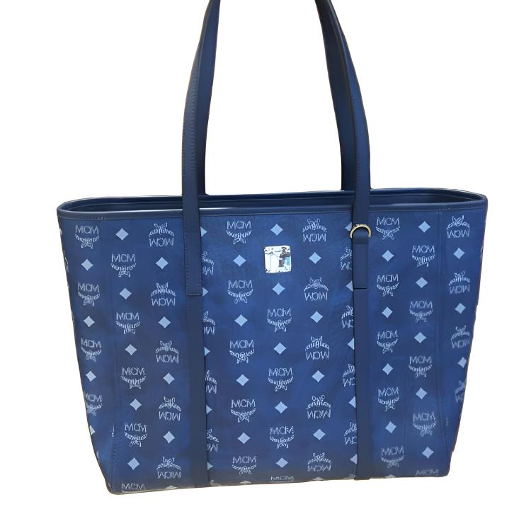 MCM Blue Visetos Leather Large Tote Bag with Gold Hardware for Daily Use