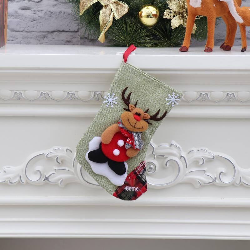 Sacchetto regalo calza di Natale media con decorazione di Babbo Natale e Pupazzo di Neve