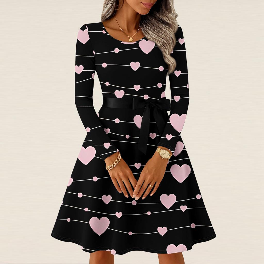 Damen Casual Mode Langarm Vintage Lange Kleider Frühling Valentinstag