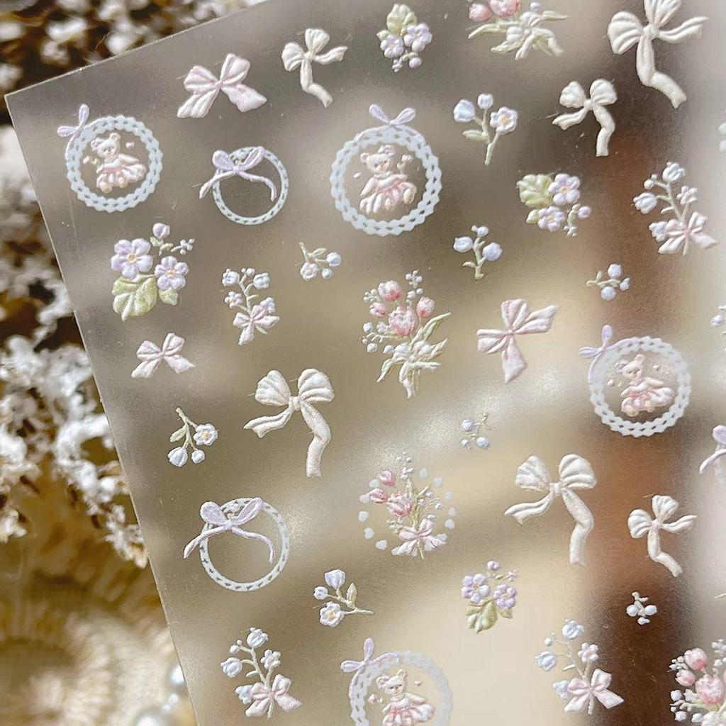 3D Embossed Tulip & Bow Manicure Stickers - Sweet French Style