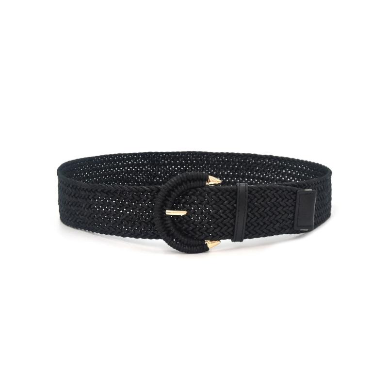 Adjustable Braided Waistband Trimmed Belt Women’s Fashion Bohemian Waist Cincher with Semicircle Metal Clasp Charm