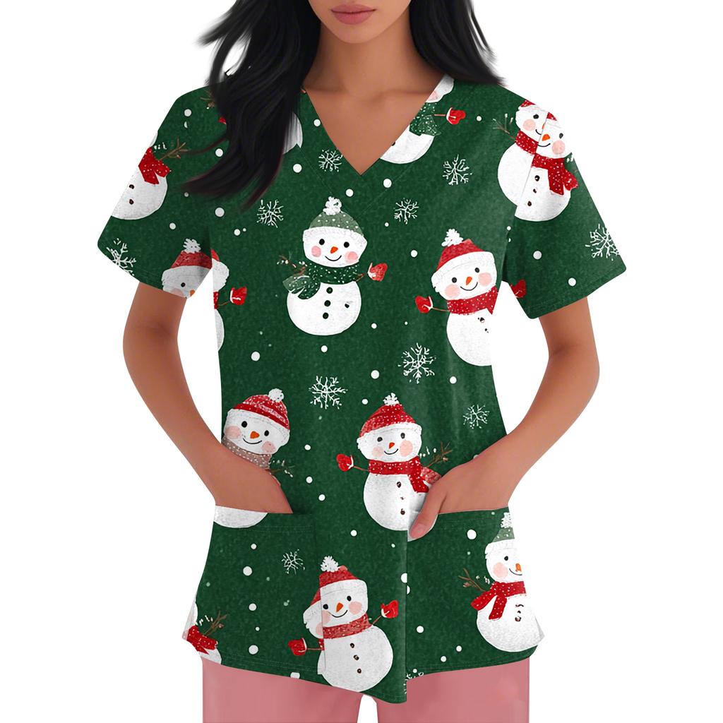Hauts de Travail à Manches Courtes et Imprimé de Noël à Col en V et Poche pour Femme