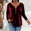 Women's Vintage V-Neck Zipper Front Long Sleeve Pullover Color