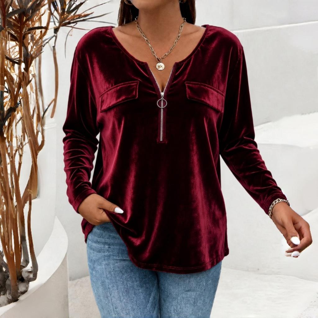 Women's Vintage V-Neck Zipper Front Long Sleeve Pullover Color
