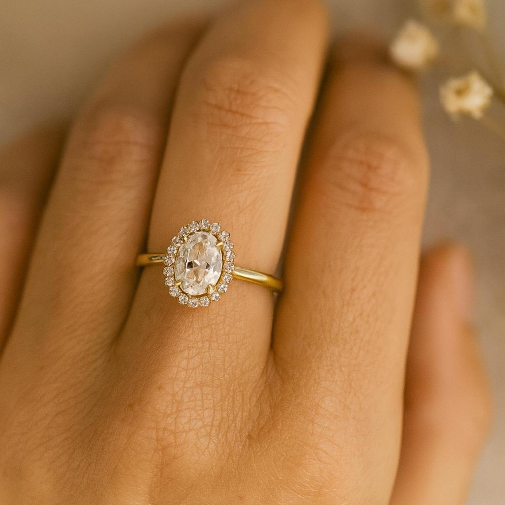 Oval Cut Cubic Zirconia Halo Ring for Women | Gold Plated 925 Sterling Silver Engagement Ring | Wedding, Promise, Anniversary Gift