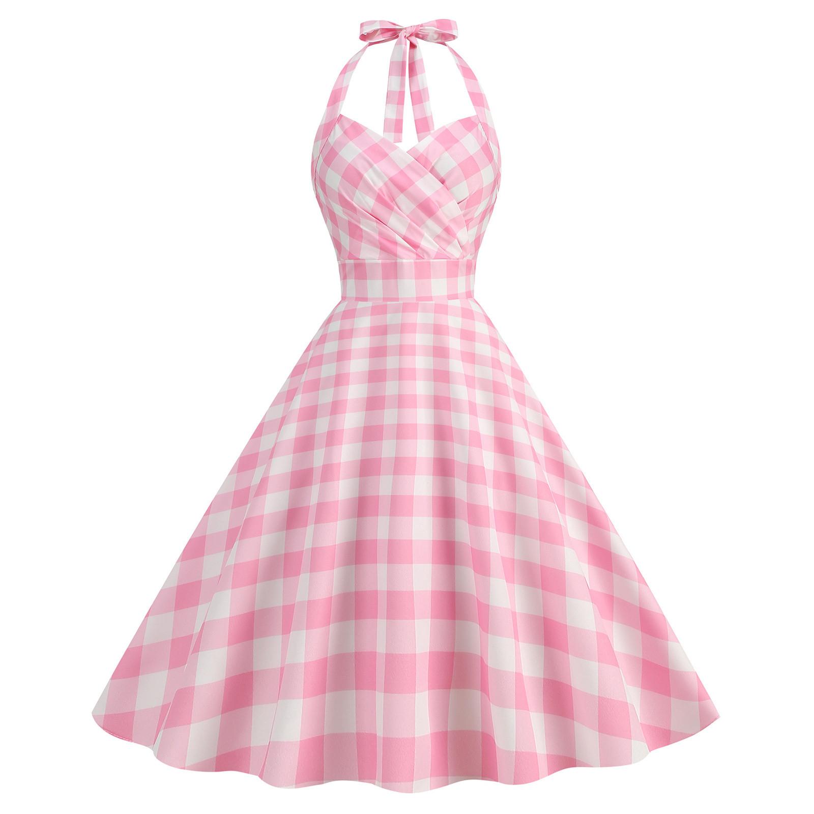 

Жіночі Модні Повсякденні Приталені Ретро Сукні з Плісуванням та Принтом у Горошок з Відкритою Шиєю XXL світло-рожевий колір