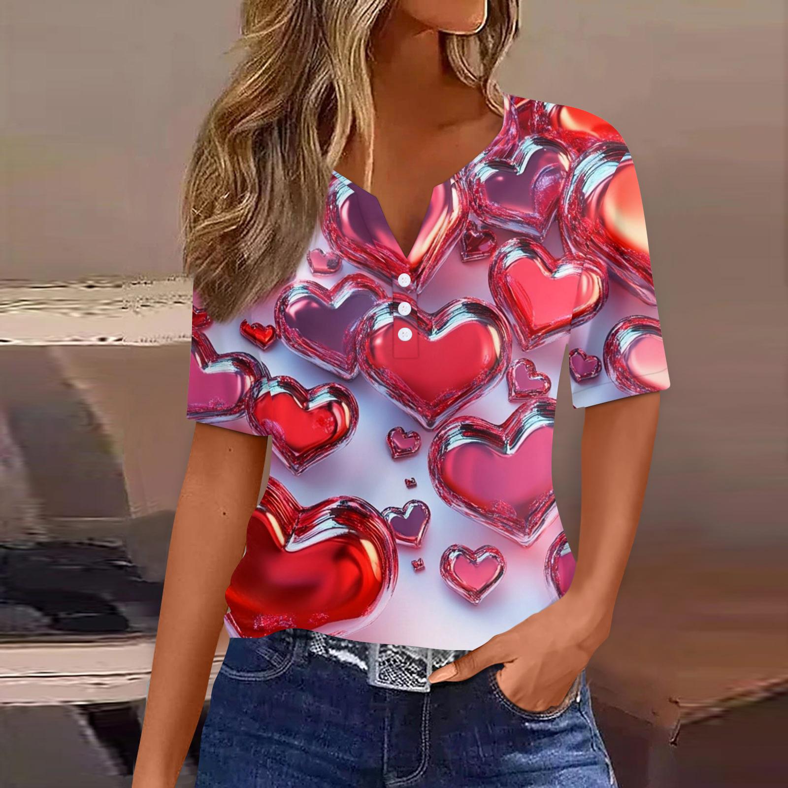 

Women s T Shirt Tee Print Button Short Sleeve Daily Weekend Fashion Basic V- Neck Regular Top Valentine s Day S красный