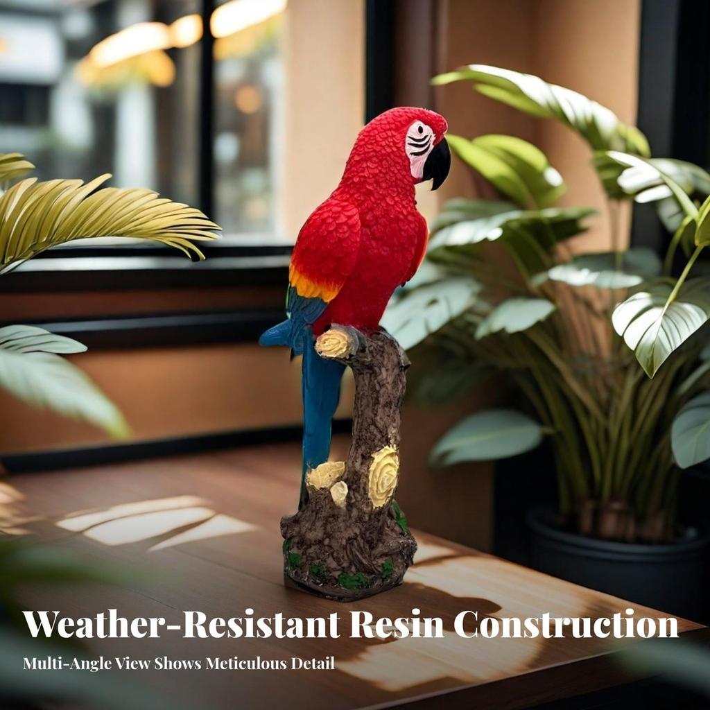 Parrot Figurine with Tree Trunk Base Vibrant Carved for Garden
