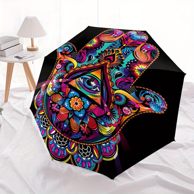 Colorful Hamsa Hand   Spiritual Protection & Good Luck Symbol Poster Print for Home,Umbrella, Portable 3 Fold Compact Umbrella for Men & Women