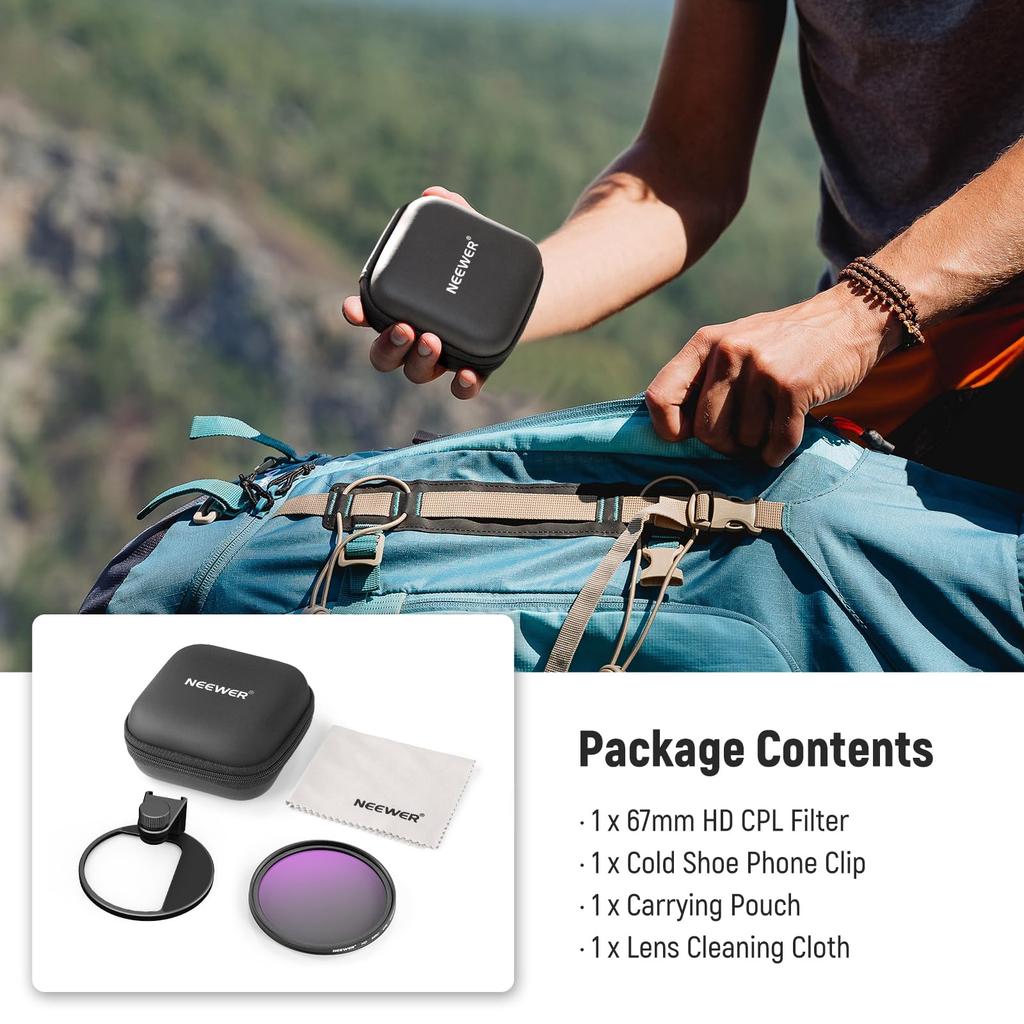 NEEWER 67mm CPL Filter with Cold Shoe Smartphone Lens HD Polarizing Circular Includes Pouch and Cleaning Compatible with iPhone Max S25 Clip, Filter,