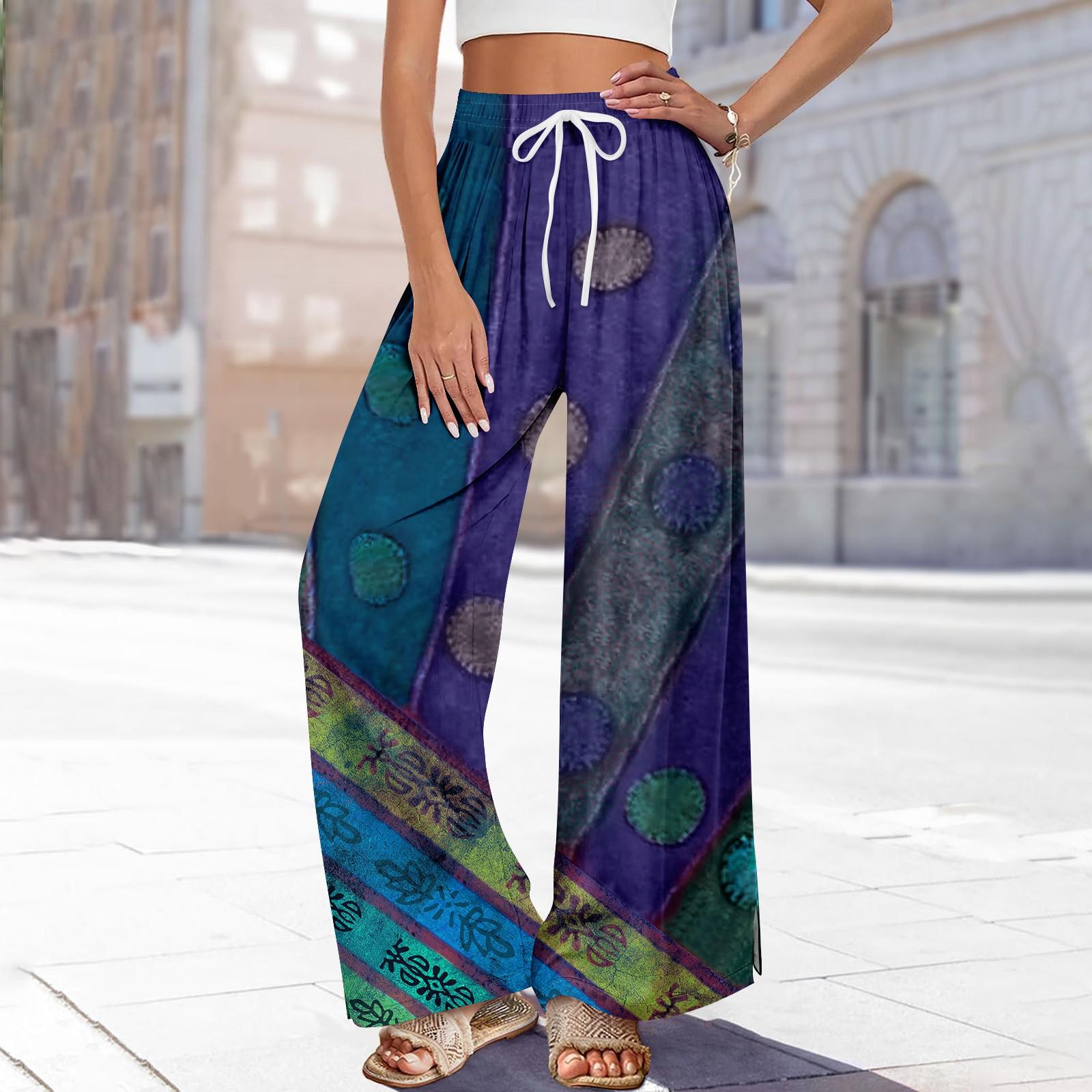 

Женские летние брюки-палаццо в стиле бохо с высокой талией, широкие повседневные брюки с принтом и карманами L