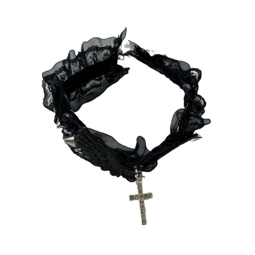 Y2k Subculture Charm Sliver Color Cross Pendant Rivet Wings Lace Collar Necklace for Women Punk Personality Halloween  Jewelry