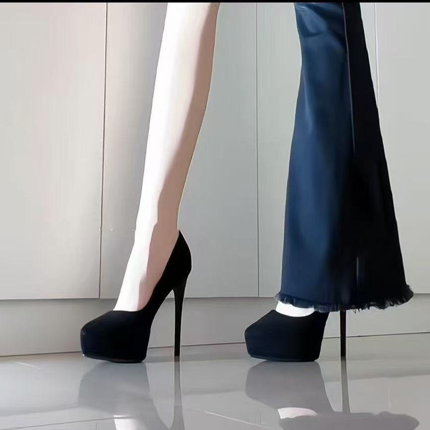 Autumn Spice Girl Black Pointed Thin Heel High Heel Waterproof Table Temperament Women's Single Shoes Suede Small Square Buckle