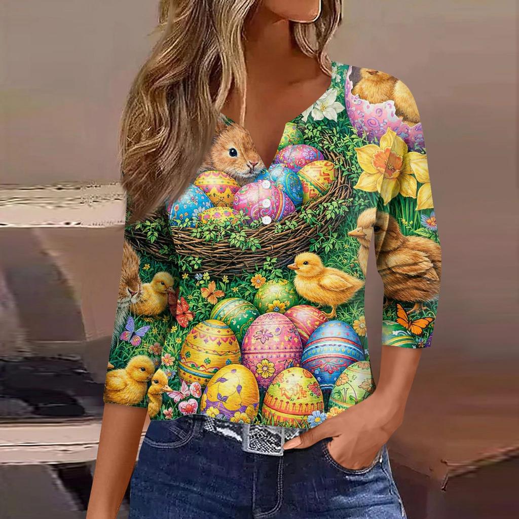 Women's Fashion Casual Easter Printed V-neck Short Sleeve Decorative Button Seven Sleeve T-shirt Top