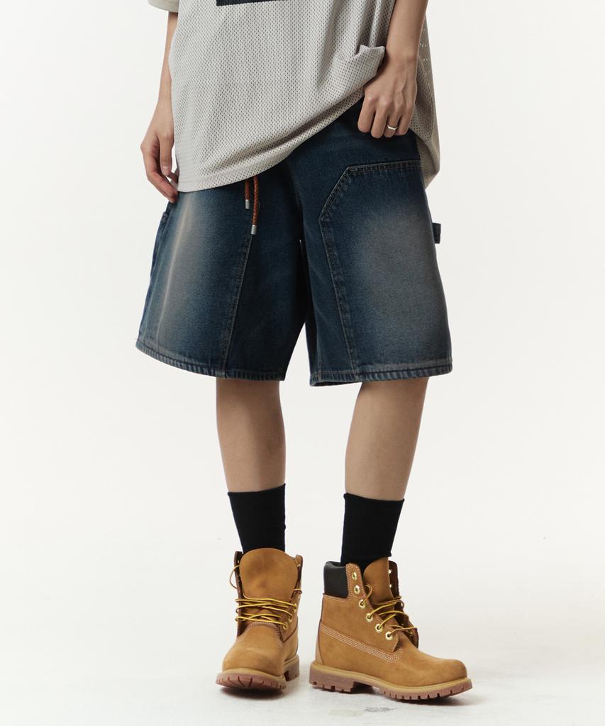RAW LAB Mud-Washed Carpenter Bermuda Denim Pants (Mud Blue)