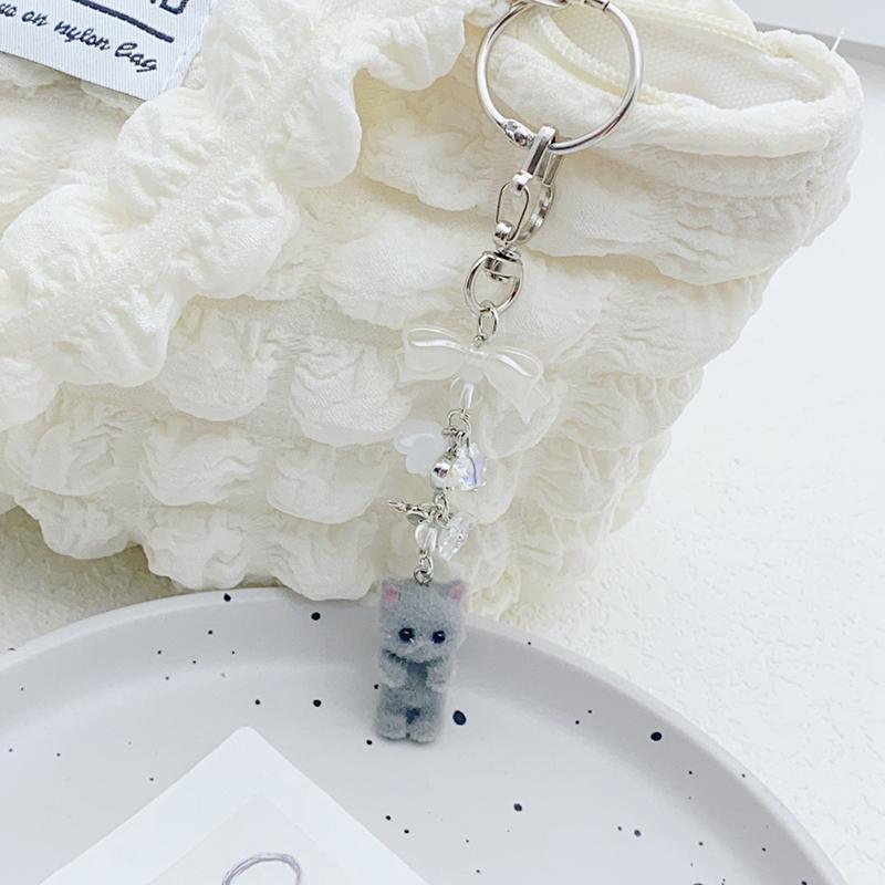 1Pc Car Keys Holder Flocking Cat Keyring Bowknot Small Flower Bead Pendant Phone Lanyard Animal Key Chain Charm Accessories