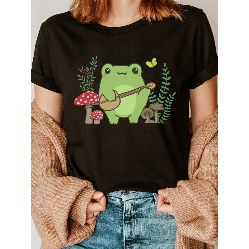 Cute Frog Print Crew Neck T-shirt, Short Sleeve Casual Top for Summer & Spring, Women's Clothing